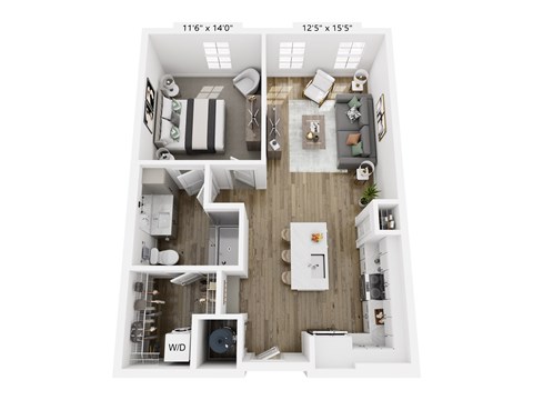 Floor plan for 1 bed, 1 bath, 765 sqft
